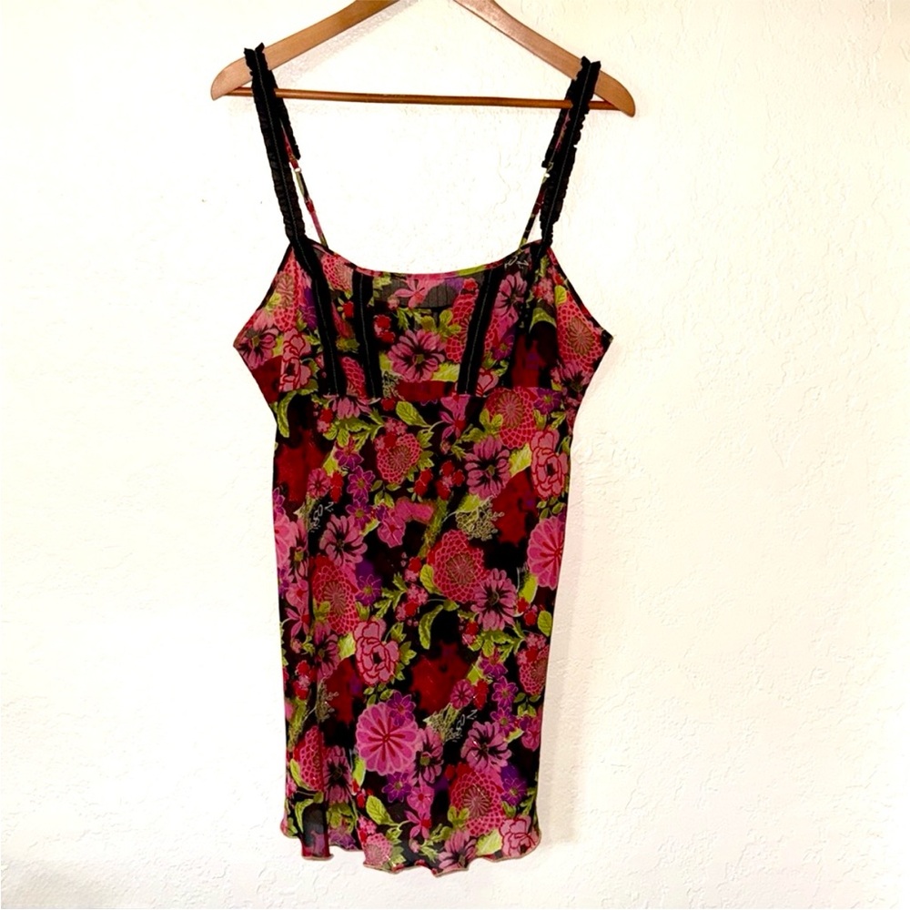 Vintage 90s Y2K Josie Natori Corset Chemise Floral Pink Black Large